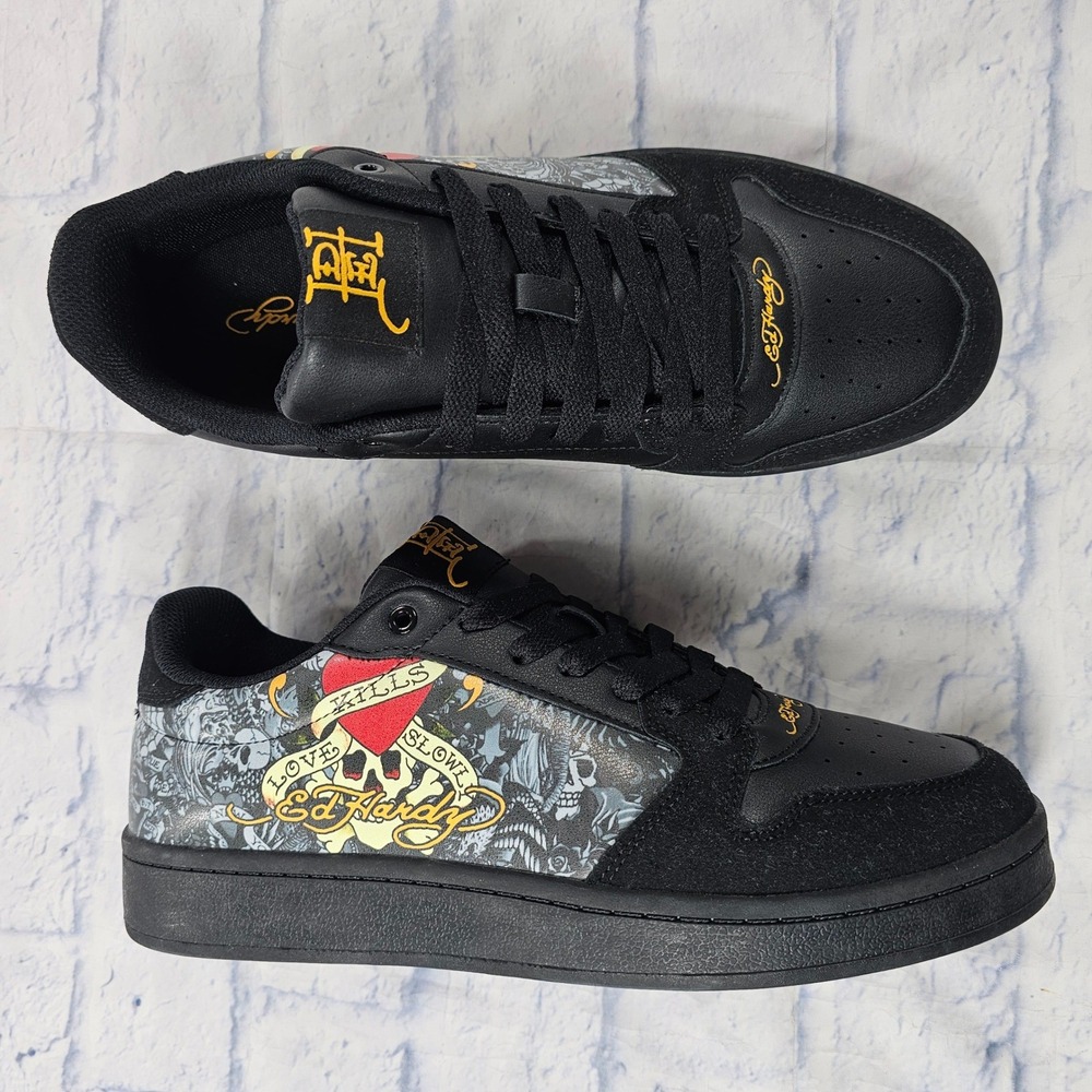 Ed Hardy Sneakers Mens 10.5 Black Love Kills Slowly Tattoo Graphic Low Top Shoes